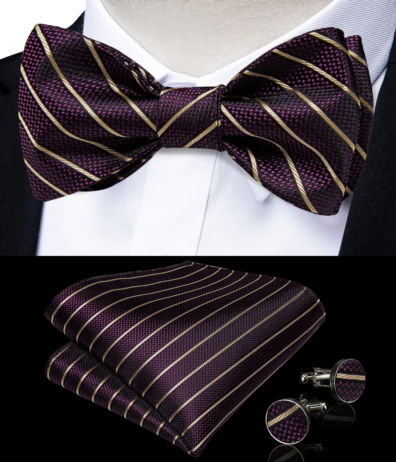 Novelty Purple Brown Self-Bowtie Pocket Square Cufflinks Set