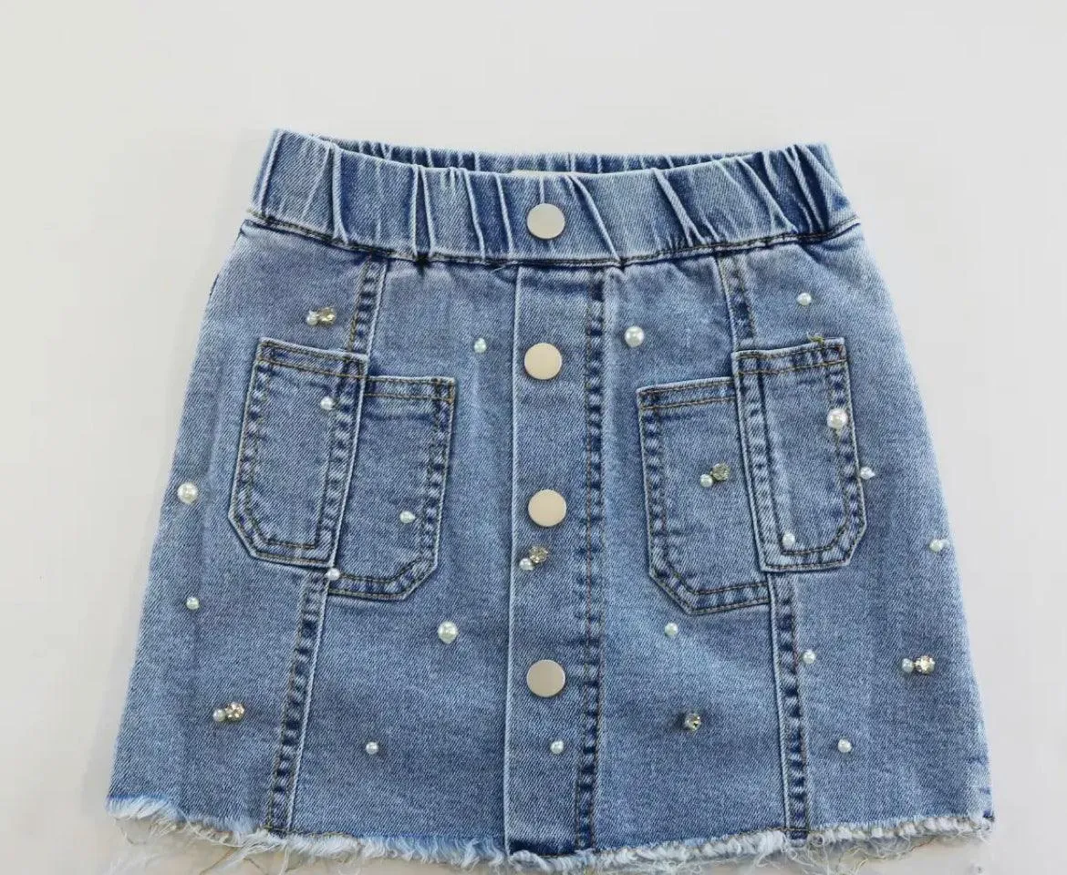 Pearl-Embellished Denim Skirt