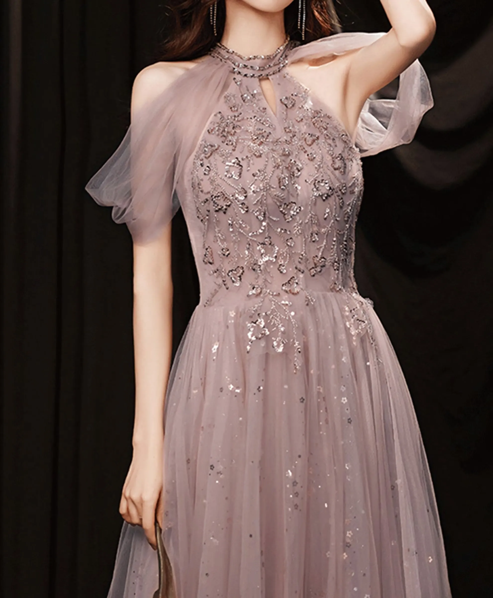 Pink Tulle Lace Sequin Long Prom Dress Pink Evening Dress