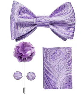 Purple Paisley Self-Bowtie Pocket Square Cufflinks Set With Brooch