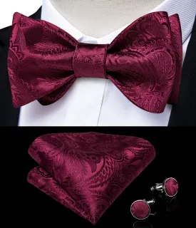 Red Paisley Self-Bowtie Pocket Square Cufflinks Set