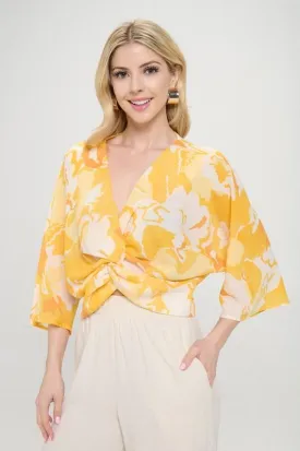 Renee C Yellow Front Twist Floral Top