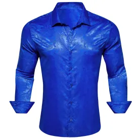 Royal blue Paisley Style Casual Silk Men's Long Sleeve Button Shirt