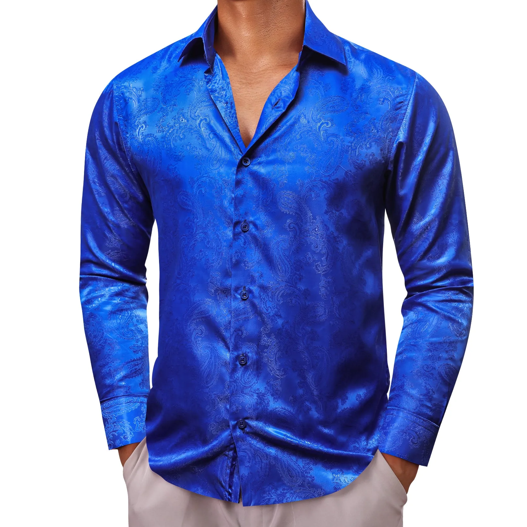 Royal blue Paisley Style Casual Silk Men's Long Sleeve Button Shirt