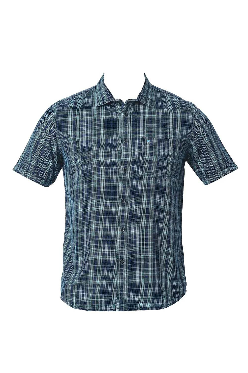 Slim Fit Cotton Indigo Checks Halfsleeves Shirt