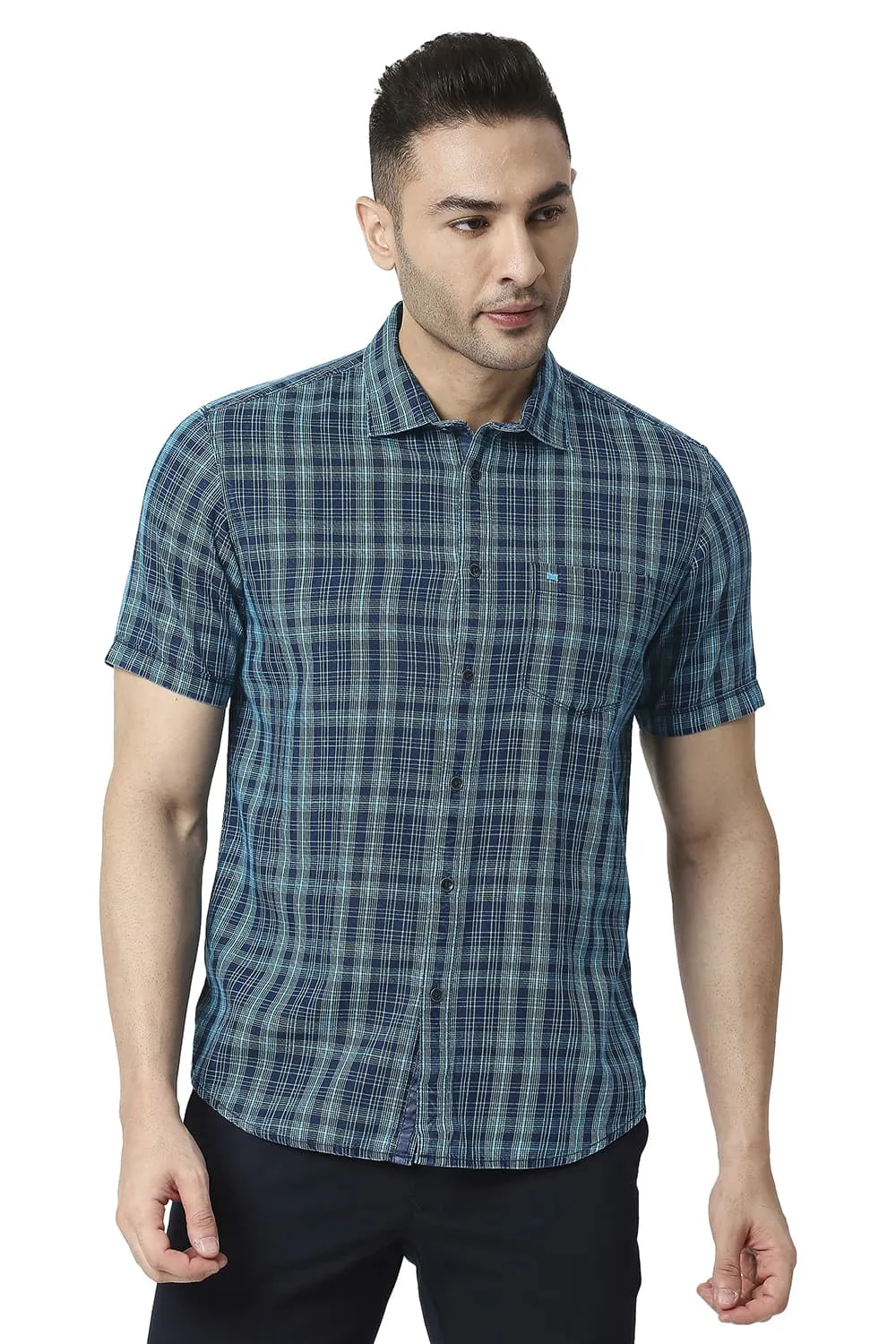 Slim Fit Cotton Indigo Checks Halfsleeves Shirt