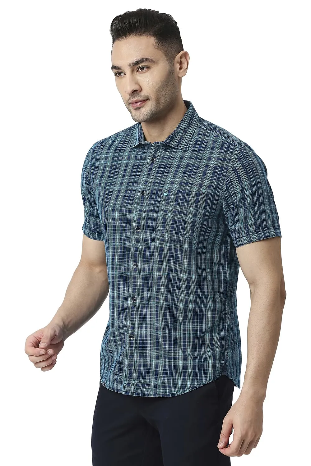 Slim Fit Cotton Indigo Checks Halfsleeves Shirt