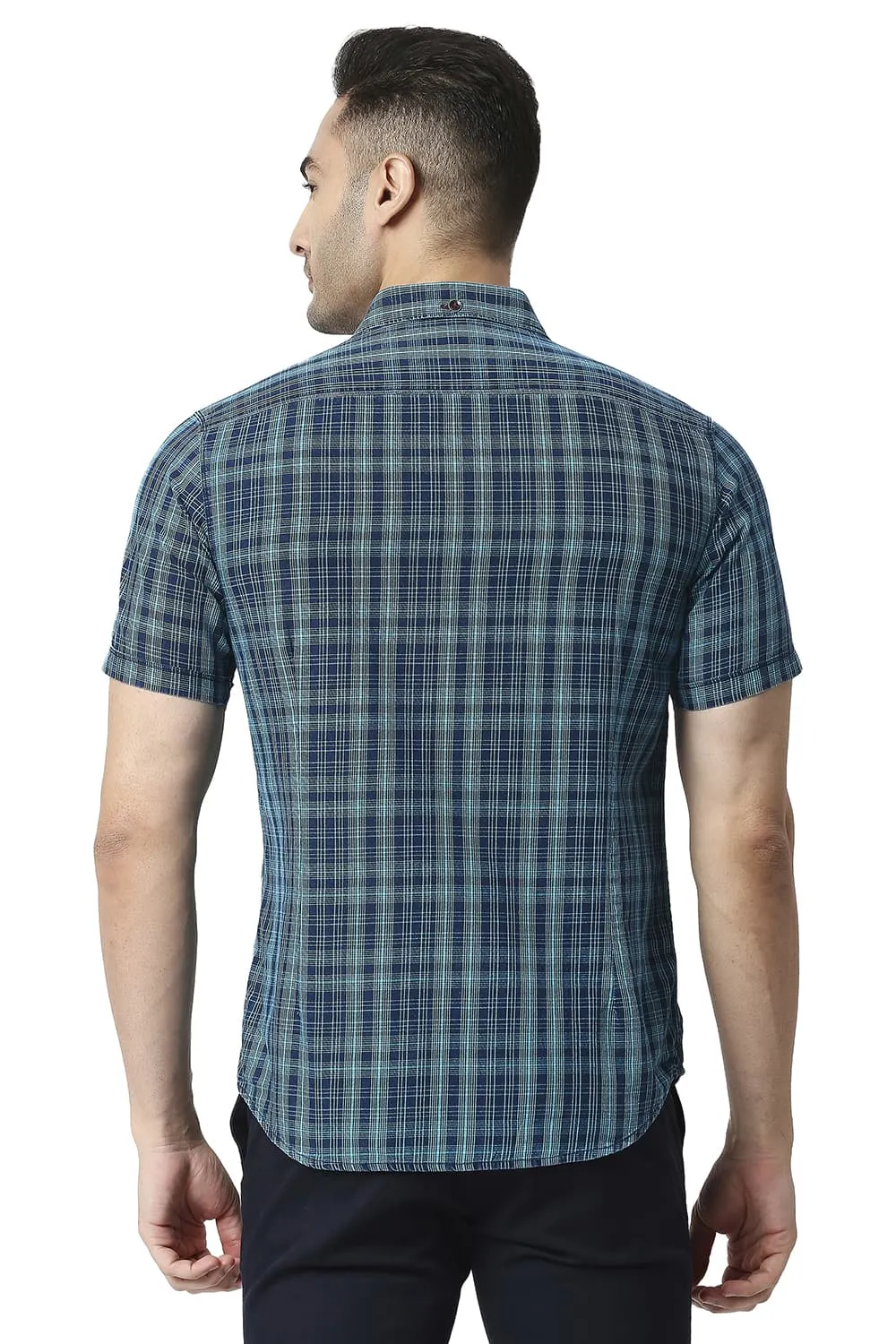 Slim Fit Cotton Indigo Checks Halfsleeves Shirt