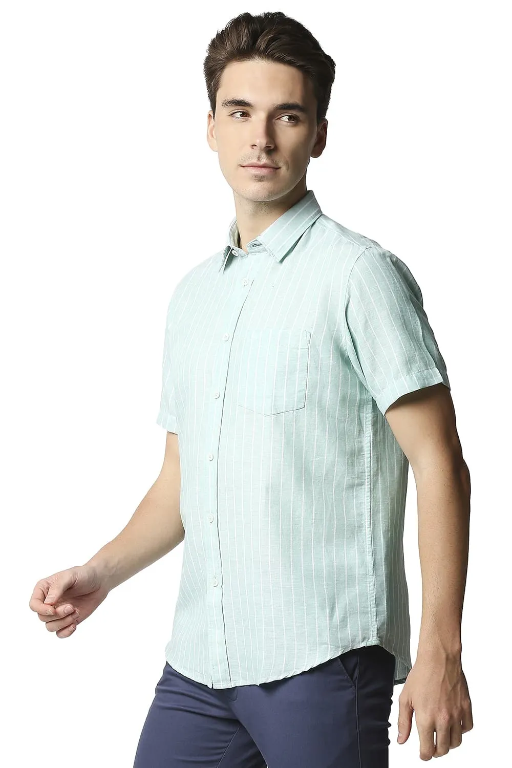 Slim Fit Cotton Linen Stripe Halfsleeves Shirt