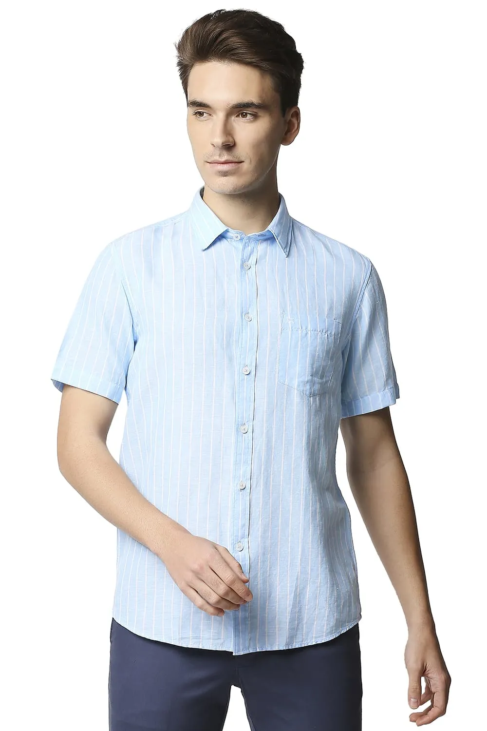 Slim Fit Cotton Linen Stripe Halfsleeves Shirt