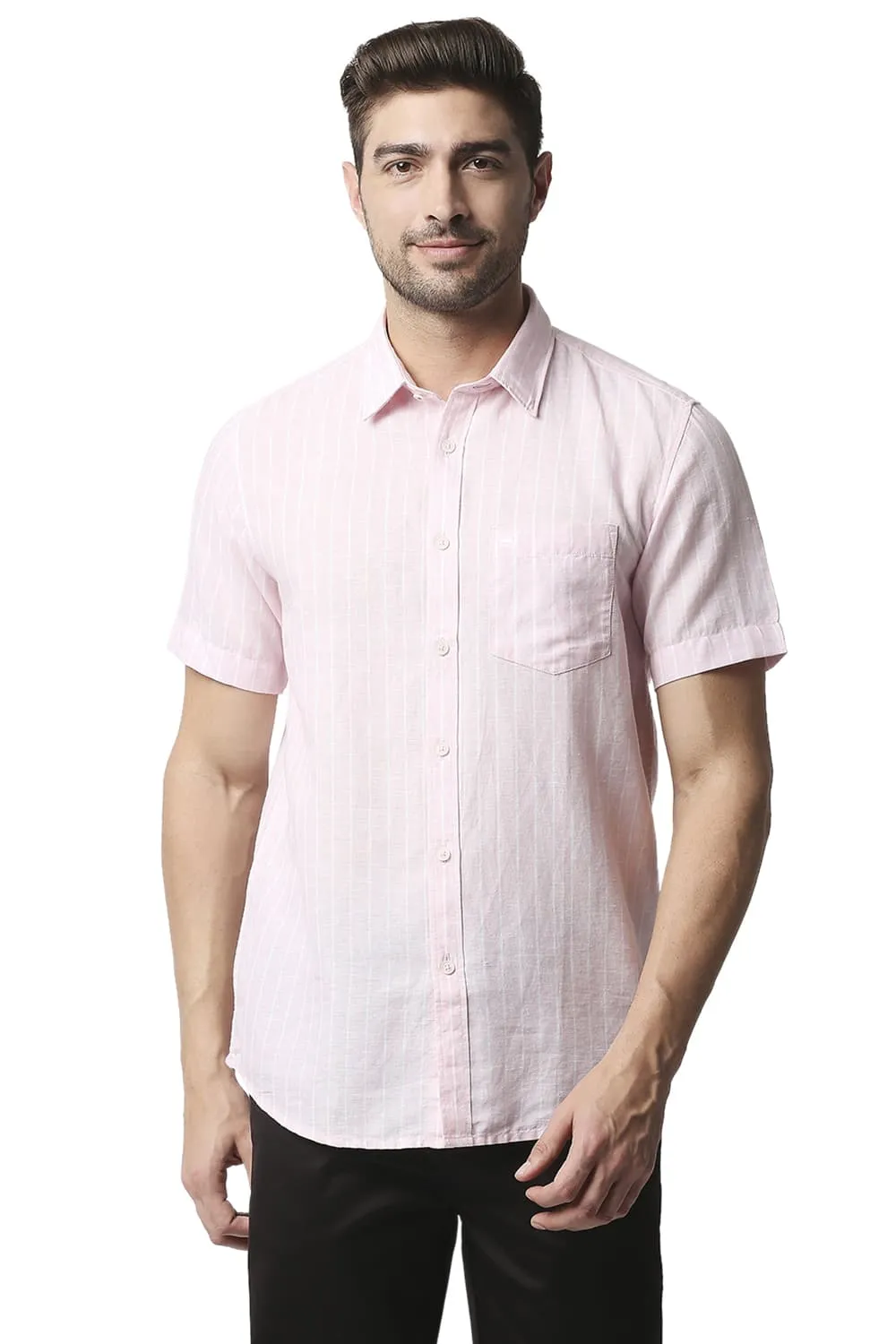 Slim Fit Cotton Linen Stripe Halfsleeves Shirt