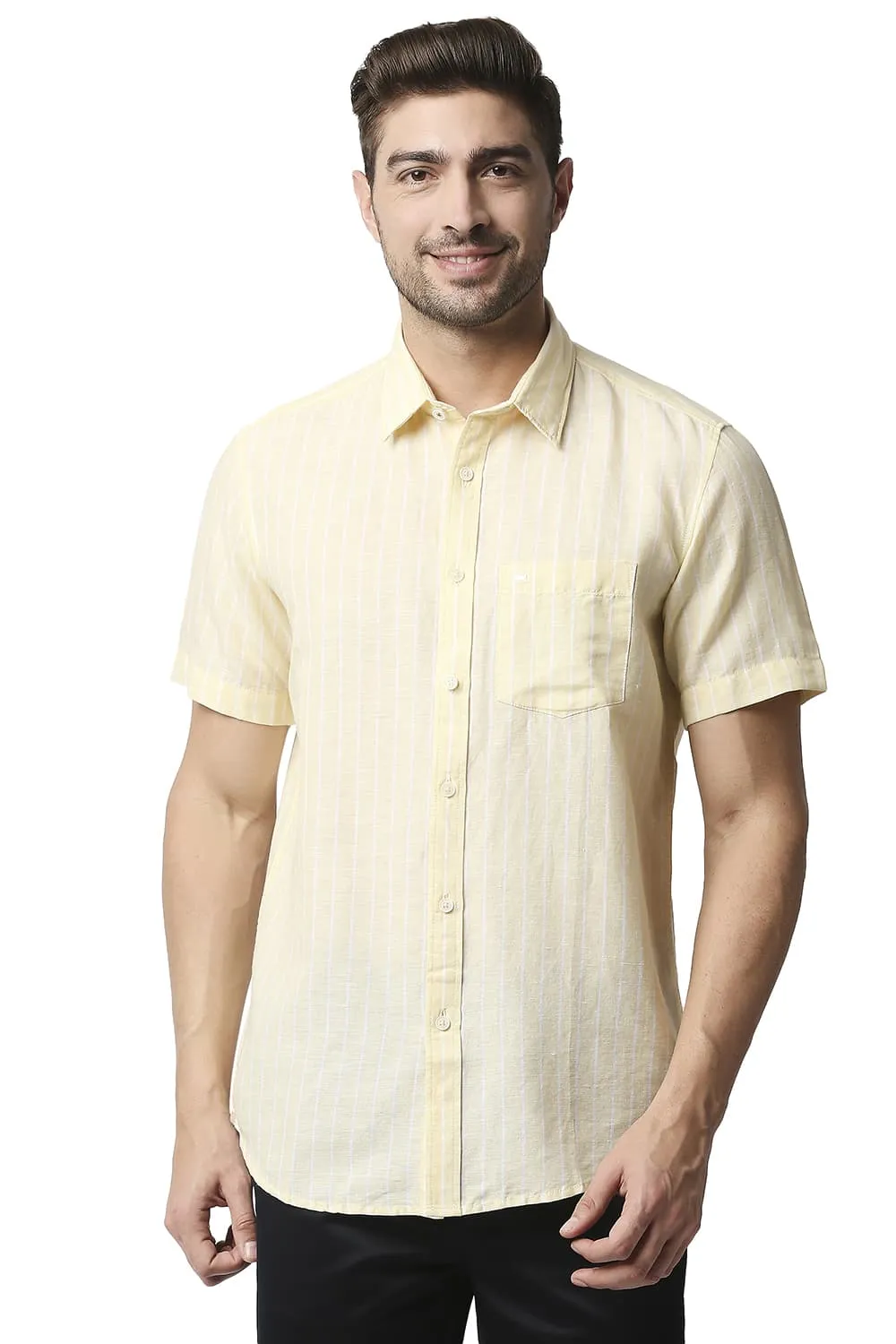 Slim Fit Cotton Linen Stripe Halfsleeves Shirt