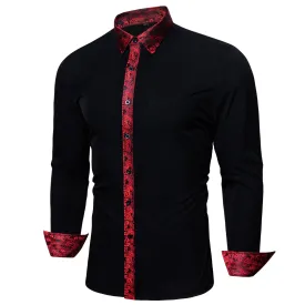 Splicing Style Black with Red Paisley Edge Men's Long Sleeve Shirt