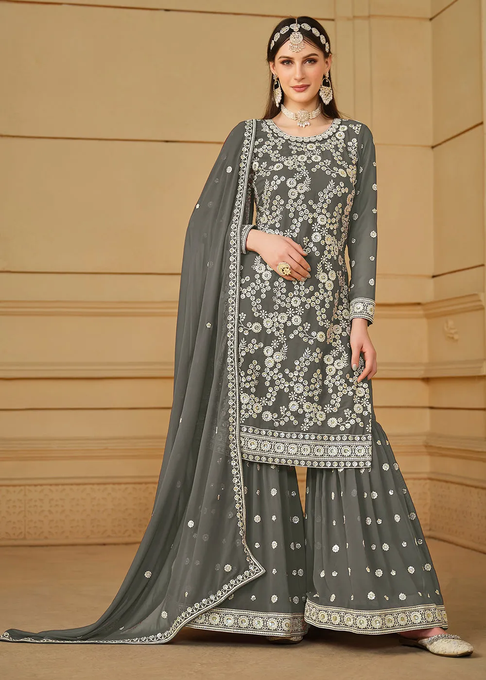 Stone Grey Embroidered Georgette Gharara Style Suit