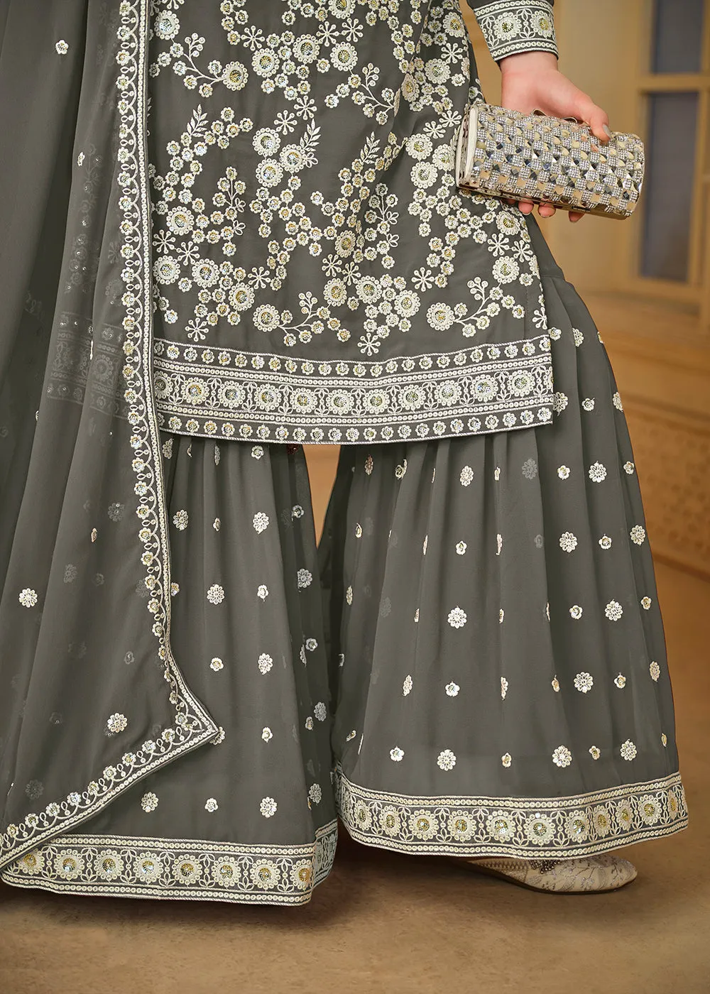 Stone Grey Embroidered Georgette Gharara Style Suit