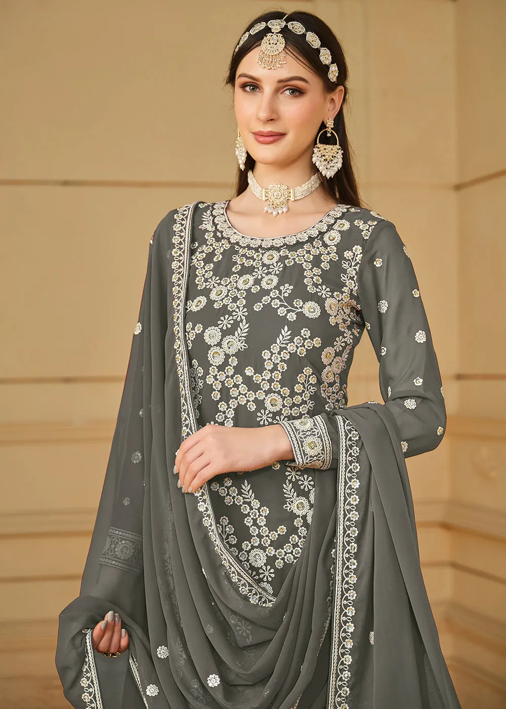 Stone Grey Embroidered Georgette Gharara Style Suit