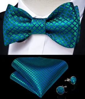 Teal Blue Grid Plaid Self-Bowtie Pocket Sqaure Cufflinks Set