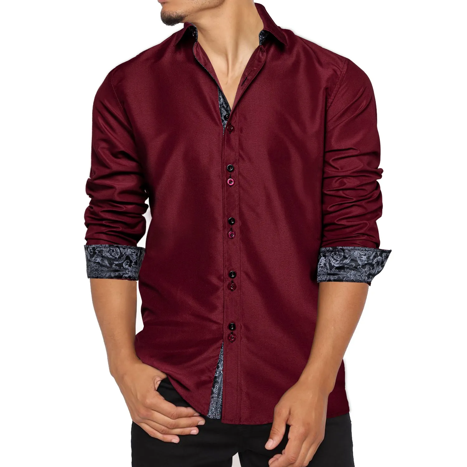 Ties2you Button Down Shirt Burgundy Black Paisley Stitching Silk Men's Long Sleeve Shirt