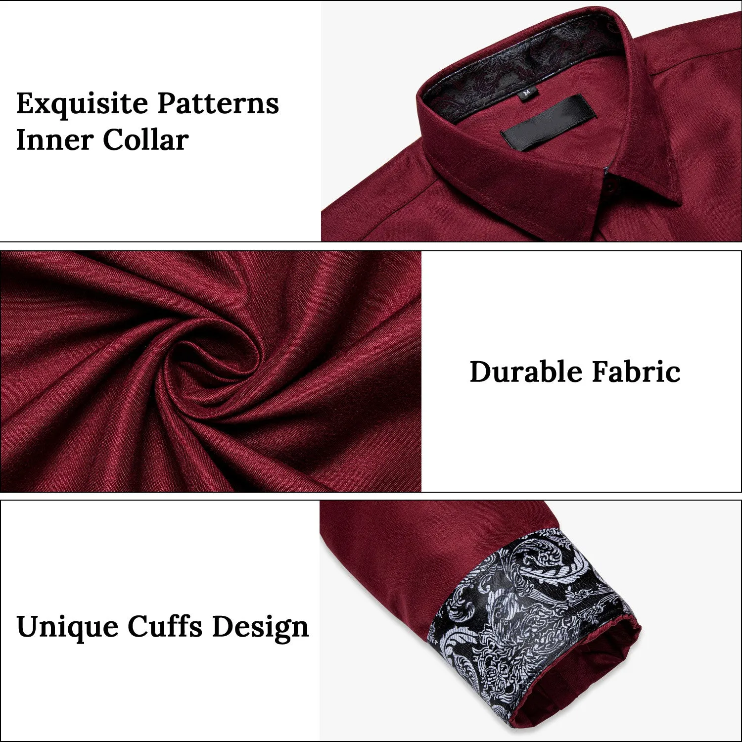 Ties2you Button Down Shirt Burgundy Black Paisley Stitching Silk Men's Long Sleeve Shirt