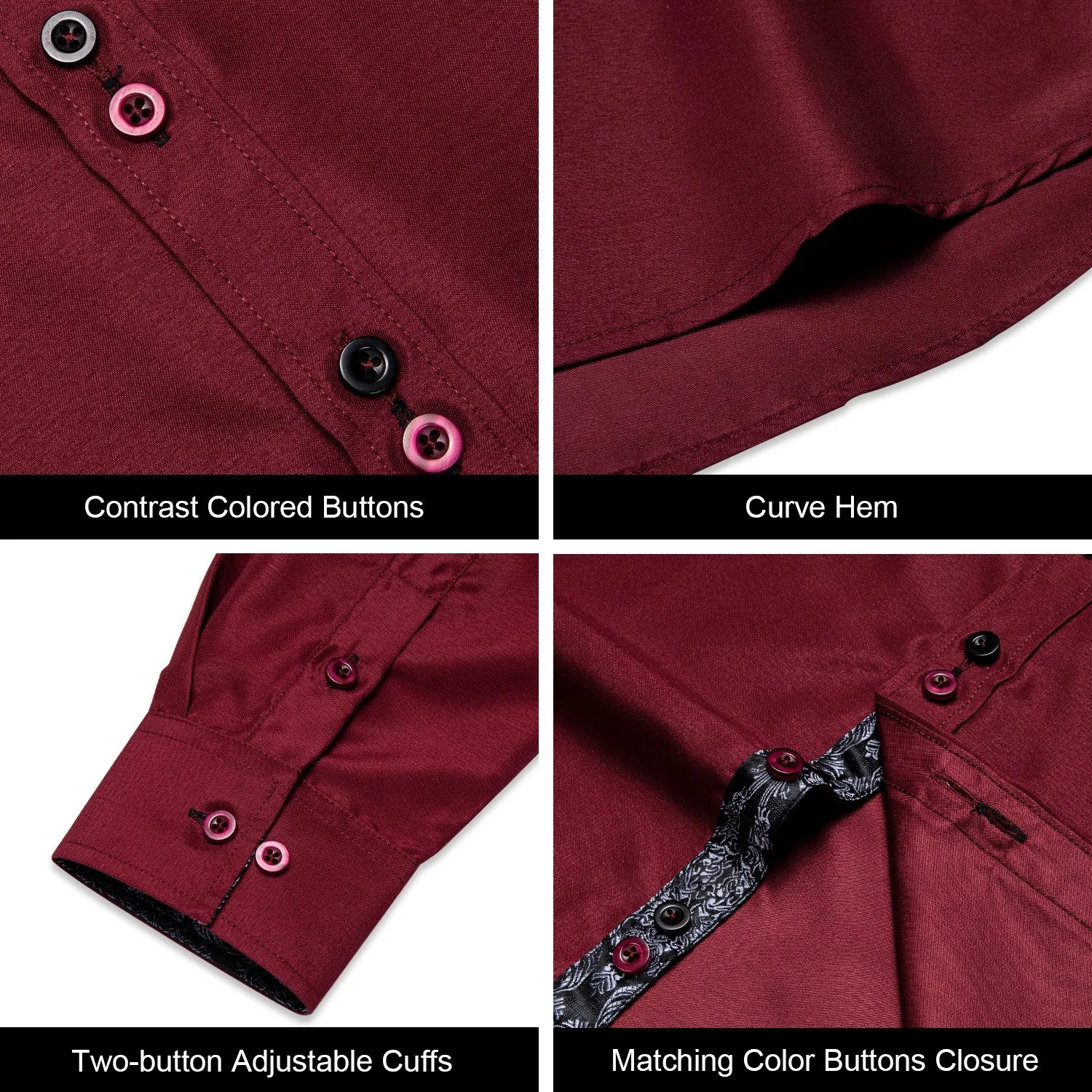 Ties2you Button Down Shirt Burgundy Black Paisley Stitching Silk Men's Long Sleeve Shirt