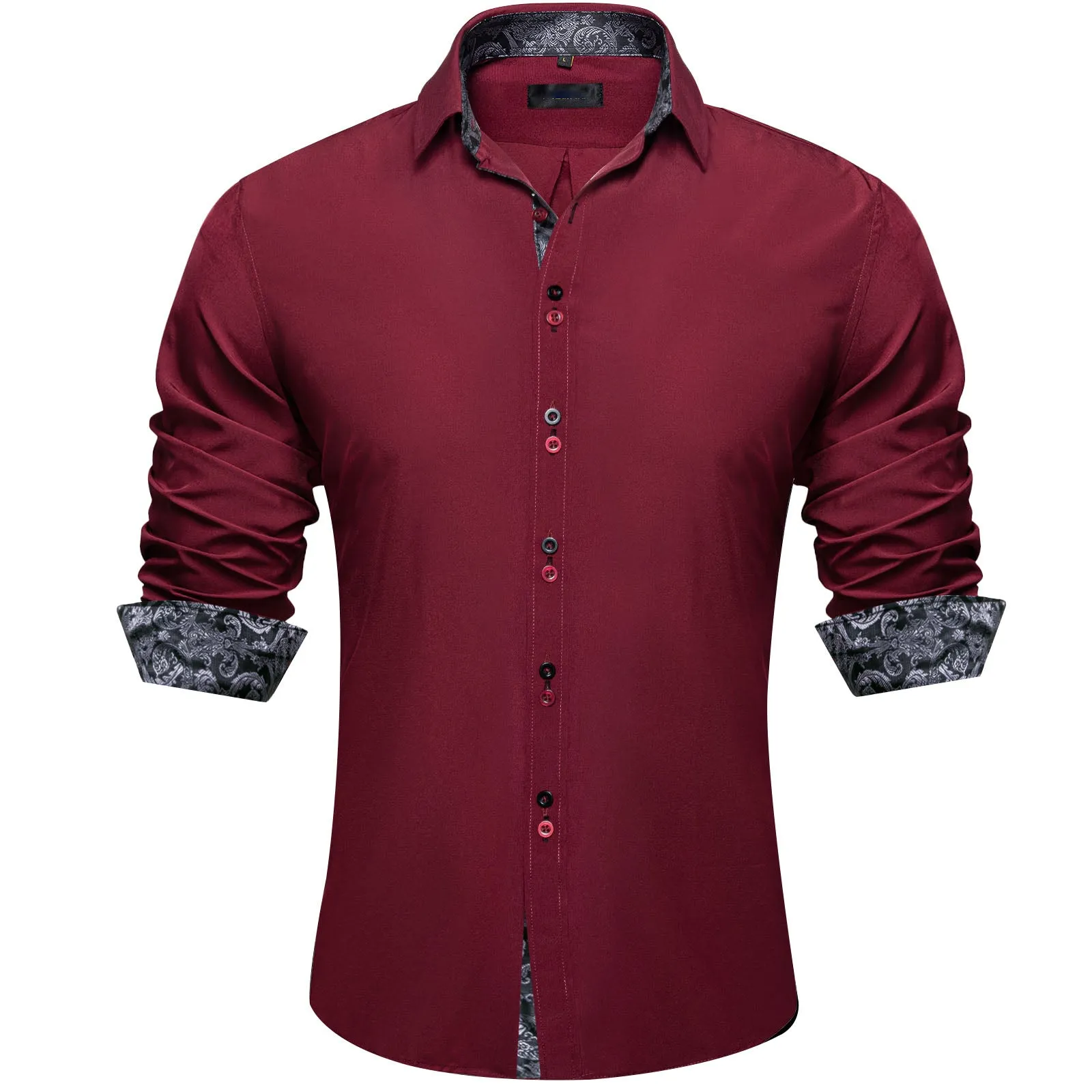 Ties2you Button Down Shirt Burgundy Black Paisley Stitching Silk Men's Long Sleeve Shirt