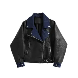 Trendy Pu Leather Denim Motorcycle Outwear Jacket