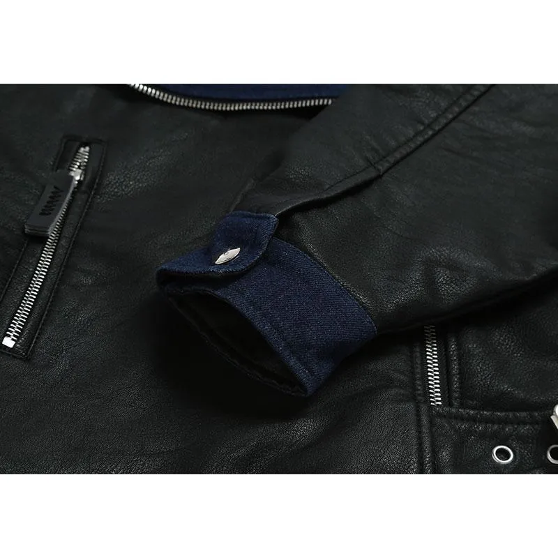 Trendy Pu Leather Denim Motorcycle Outwear Jacket