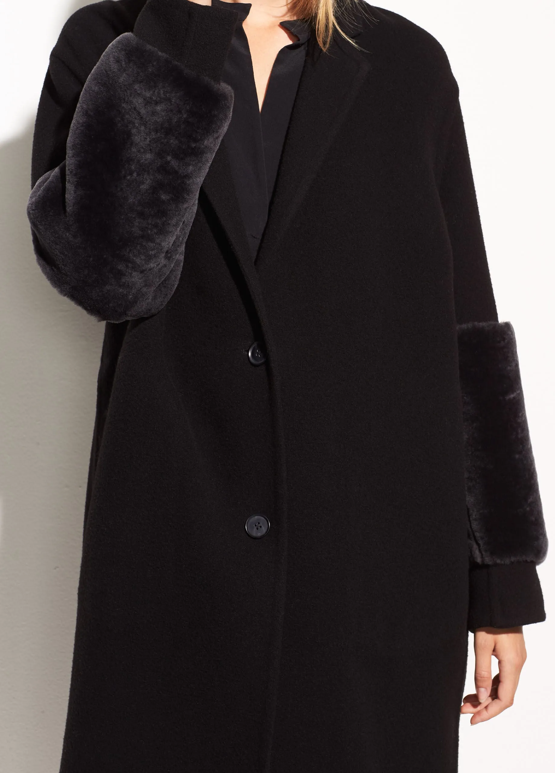 Vince Black Oversized Long Coat with Shearling Banded Sleeves