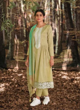 Women Unstitched Lawn Cotton Green Suit Dress Material with Embroidery