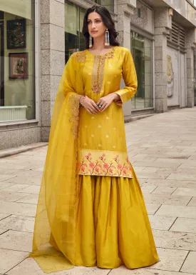 Yellow Viscose Jacquard Silk Festive Style Gharara Suit