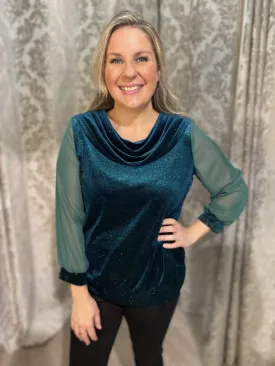 Yew "Kirby" Cowl Neck Shimmer Top with sheer sleeve. All Colours